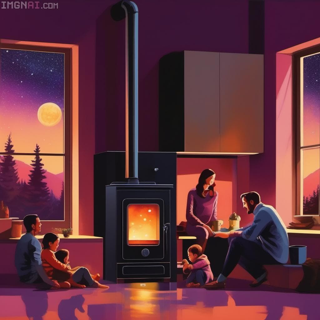 A happy family, father, mother and children enjoying the pleasant and warm atmosphere due to the presence of a large boiler for house